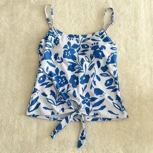 Blue White Floral Tankini Swim Top, Adjustable Straps, Front Tie Hem, Size Small